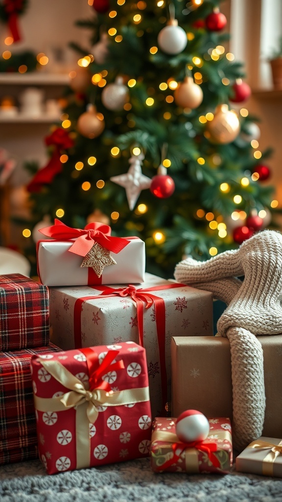 A festive arrangement of Christmas gifts with colorful wrapping, a cozy blanket, and holiday decorations.